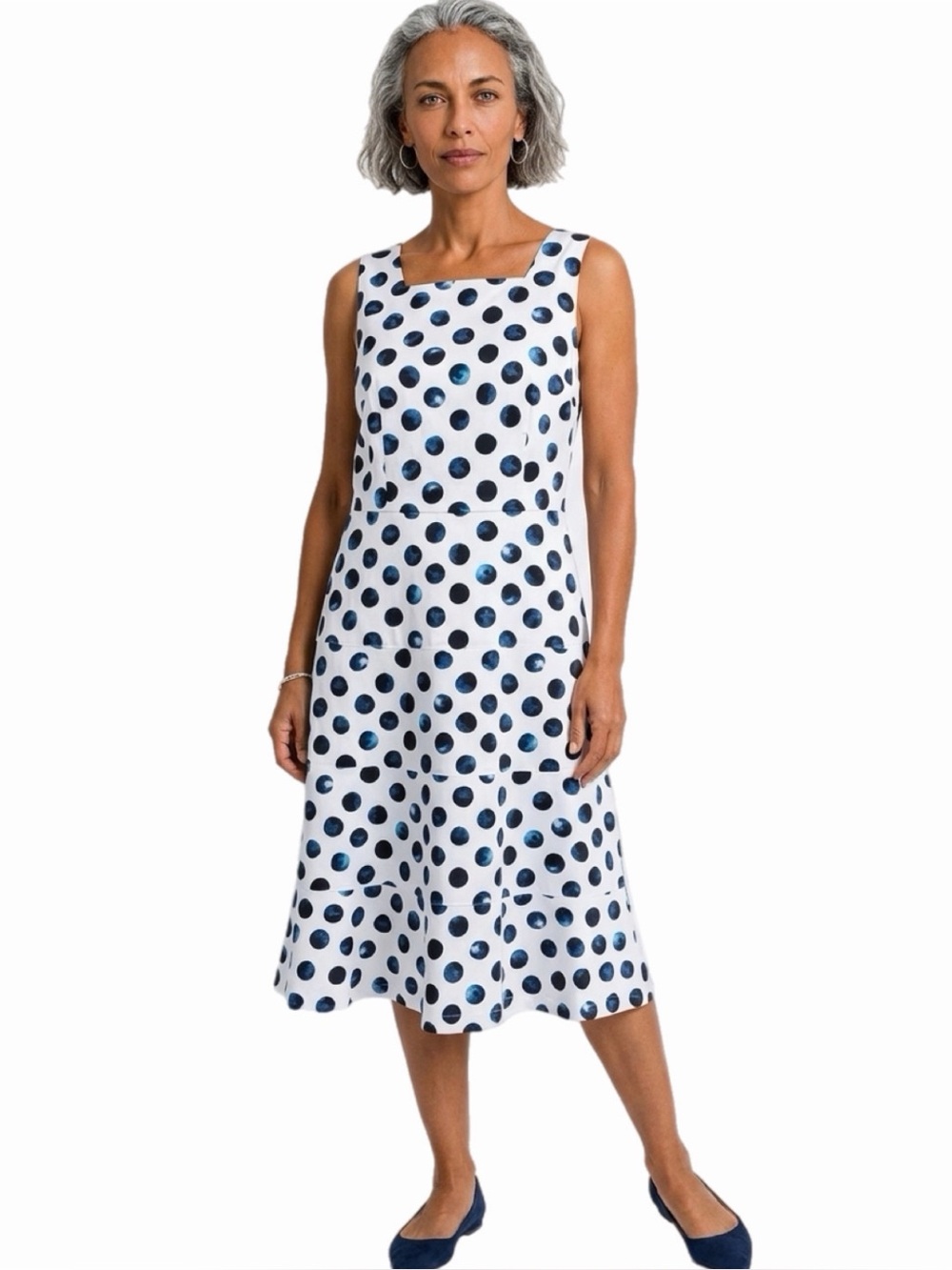 TALBOTS Sleeveless White with Navy Polka Dots Dress POCKETS Size  12, NOT 2